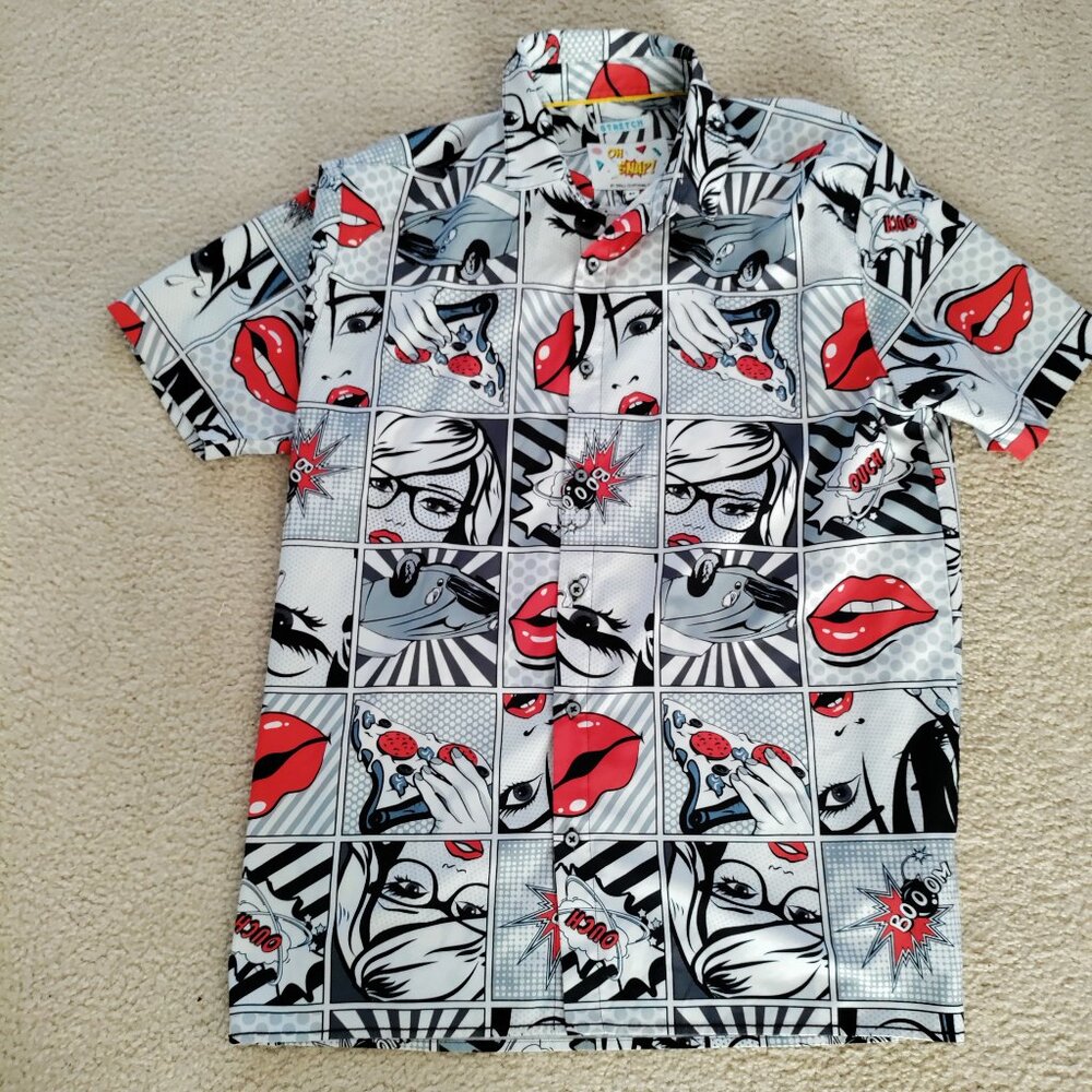 Oh Snap! Drill Clothing M Mens Button Up S/S Stretch Poly Blend Pop Art EUC